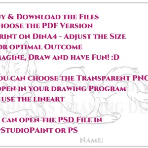 May include: A digital download of a line art drawing of a wolf, with instructions on how to use the files. The text says "1. Buy & Download the Files 2. Choose the PDF Version 3. Print on Dina4 - Adjust the Size for Optimal Outcome 4. Imagine, Draw and Have Fun! :D 4. You can choose the Transparent PNG to open in your drawing program and use the line art or you can open the PSD file in ClipStudioPaint or PS".