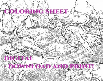 CATS| Downloadable coloring sheet to print or PSD, PNG digital coloring | Hunting Cats coloring colouring adult children