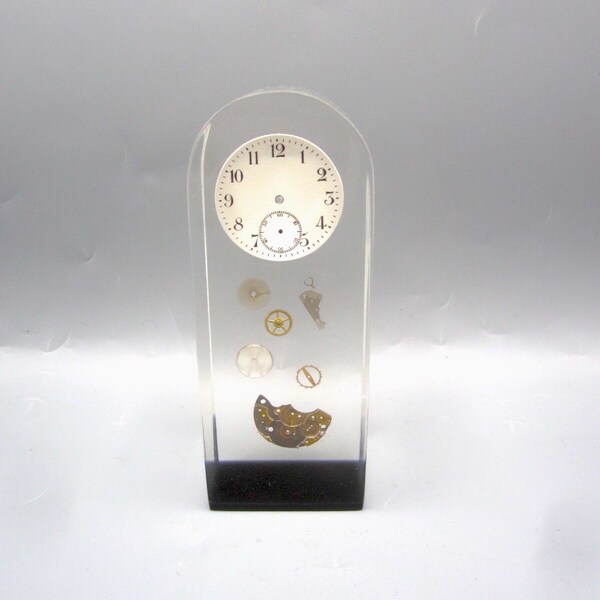 VTG Lucite Paperweight With Clock Parts