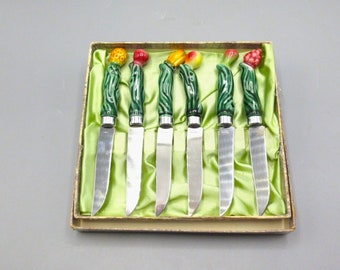 VTG Set Cardinal Majolica Fruits Small Appetizer Knives