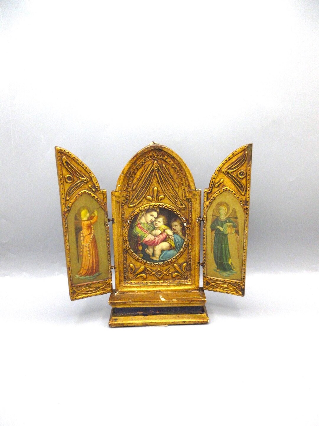 Antique Religious Icon Triptych Madonna and Child Angels Italy ...
