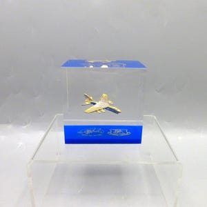VTG Unique Art Fighter Jet In Lucite Cube 124th Tac Fighter Squad  Iowa National Guard 1970s