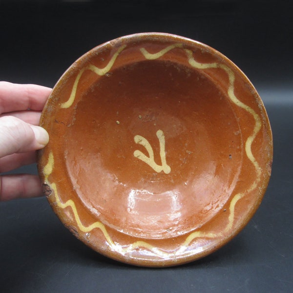 Antique Redware Small Bowl Slip Design Crow's Foot Primative