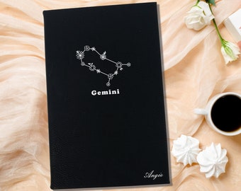 Gemini Floral Zodiac Journal for Astrology Lover, Personalized  Black and Gold Leatherette Cover with Lined Pages