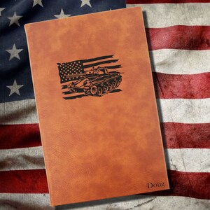 Tank Personalized Army Journal | Unique US Military Deployment gift |  Tank American Flag Leatherette Cover with Lined Pages
