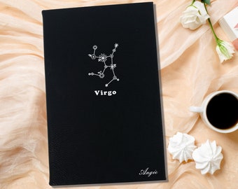 Virgo Floral Zodiac Journal for Astrology Lover, Personalized  Black and Gold Leatherette Cover with Lined Pages