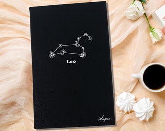 Leo Floral Zodiac Journal for Astrology Lover, Personalized  Black and Gold Leatherette Cover with Lined Pages