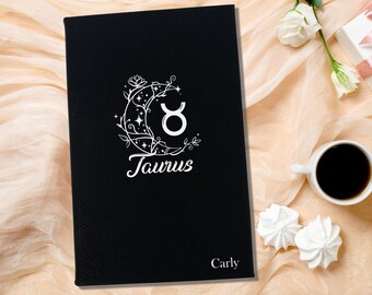 Personalized Taurus Zodiac Journal for Astrology Lover, Black and Gold Leatherette Cover with Lined Pages Bullet Journal