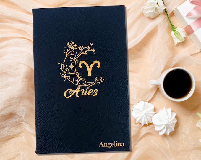 Personalized Aries Zodiac Journal for Astrology Lover, Black and Gold Leatherette Cover with Lined Pages Bullet Journal