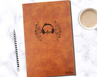 Personalized Music Notebook Journal | Unique Leatherette Cover with Lined Pages Gift Songwriting Book | Headphones