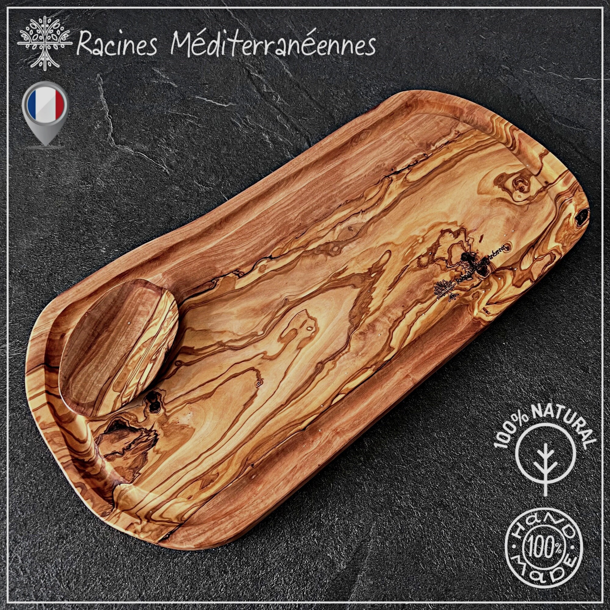 Racines Méditerranéennes® Planche à Découper Personnalisable en Bois d'olivier Rustique avec Rainure