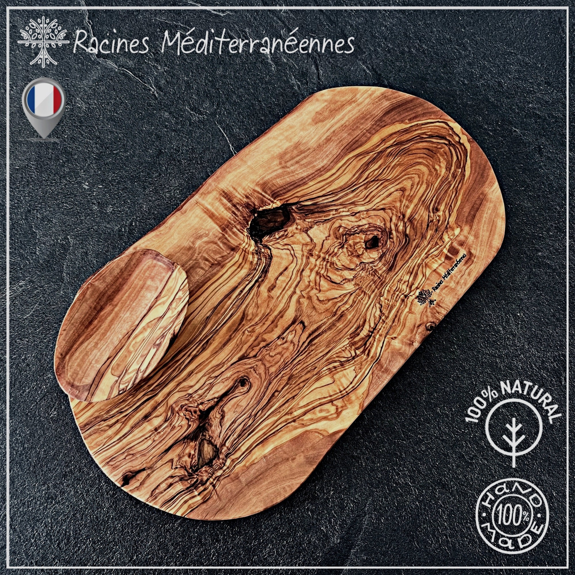 Racines Méditerranéennes® Planche à Découper/De Service Personnalisable en Bois d'olivier Rustique +