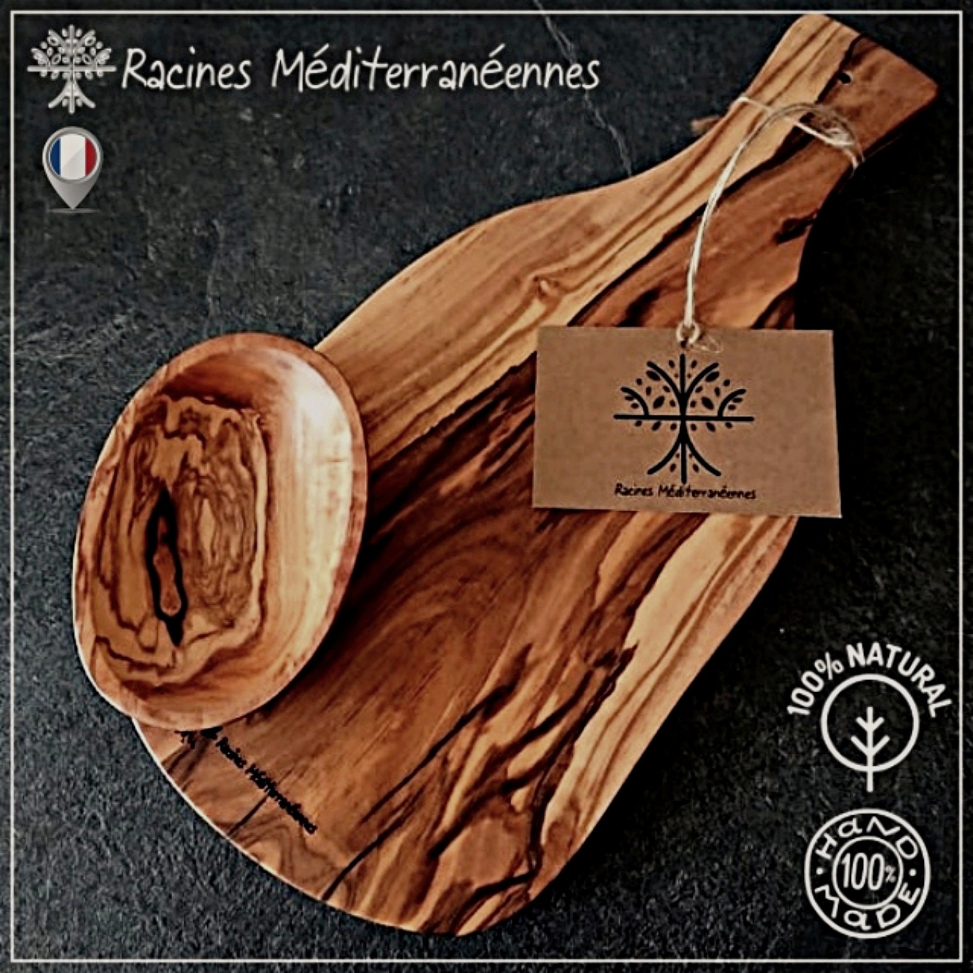 Racines Méditerranéennes® Planche à Découper en Bois d'olivier Personnalisable Courbes Naturelles + 