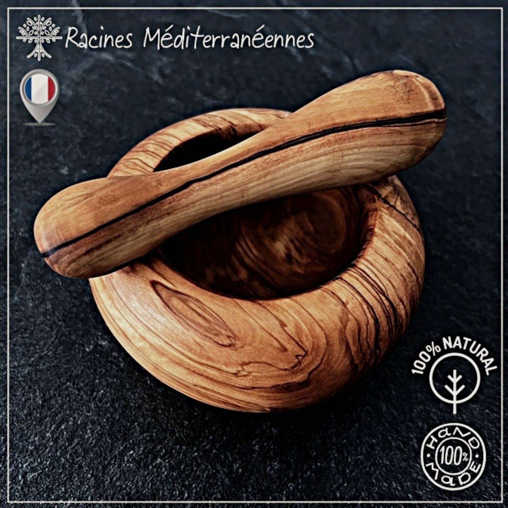 Racines Méditerranéennes® Mortier en Bois d'olivier + Pilon 100% Naturel Ø 10 cm X ? 8 Environ