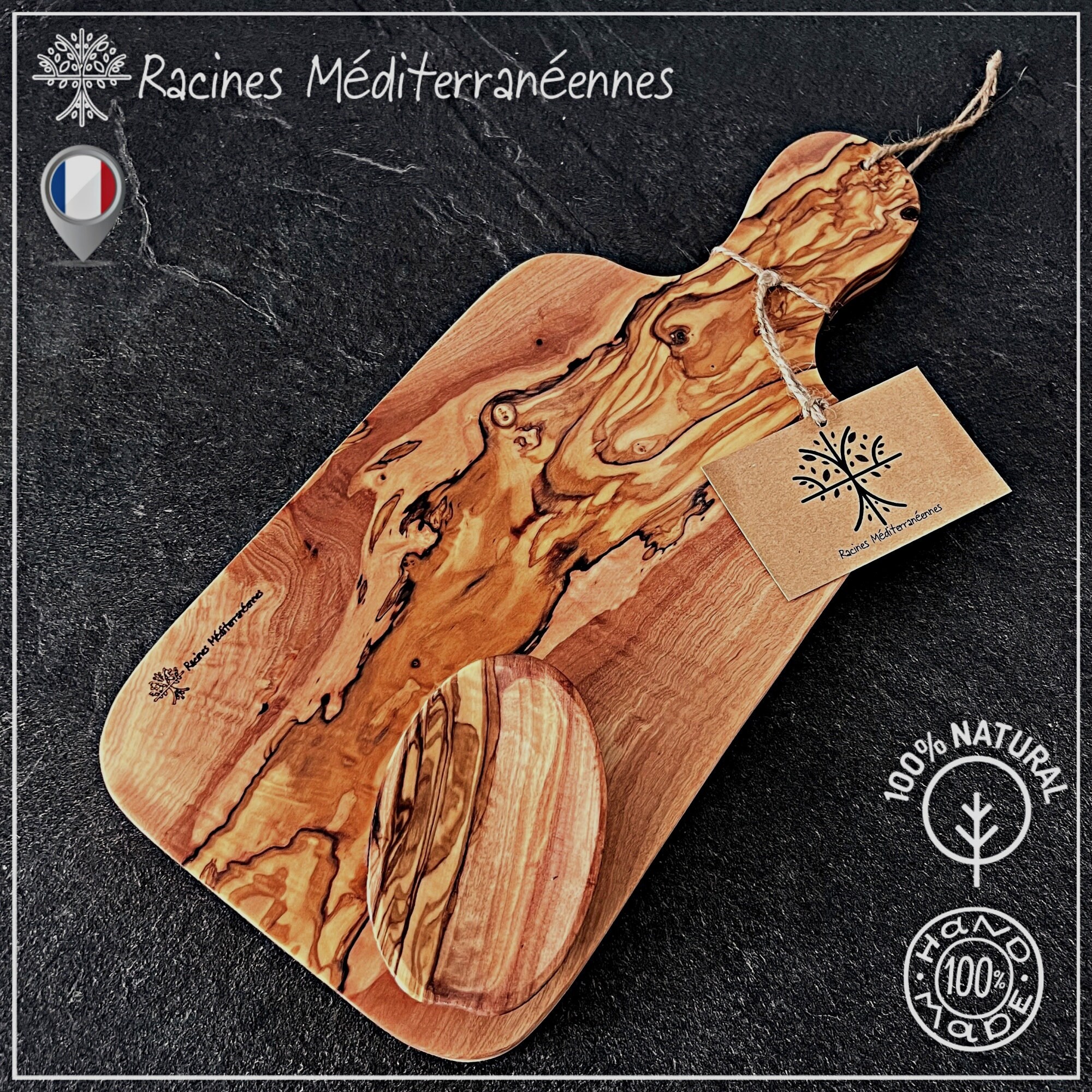 Racines Méditerranéennes® Planche à Découper en Bois d'olivier Personnalisable Rectangulaire avec Po