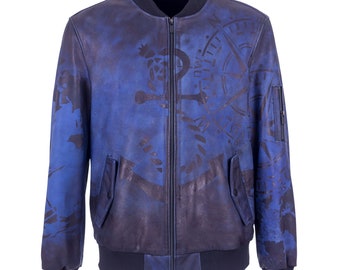 Giacca Blu Varsity, Giacca uomo in pelle, Giacca dipinta, Cappotto in pelle di pecora Uomini, Bomber, Regalo per relazioni a distanza per il ragazzo