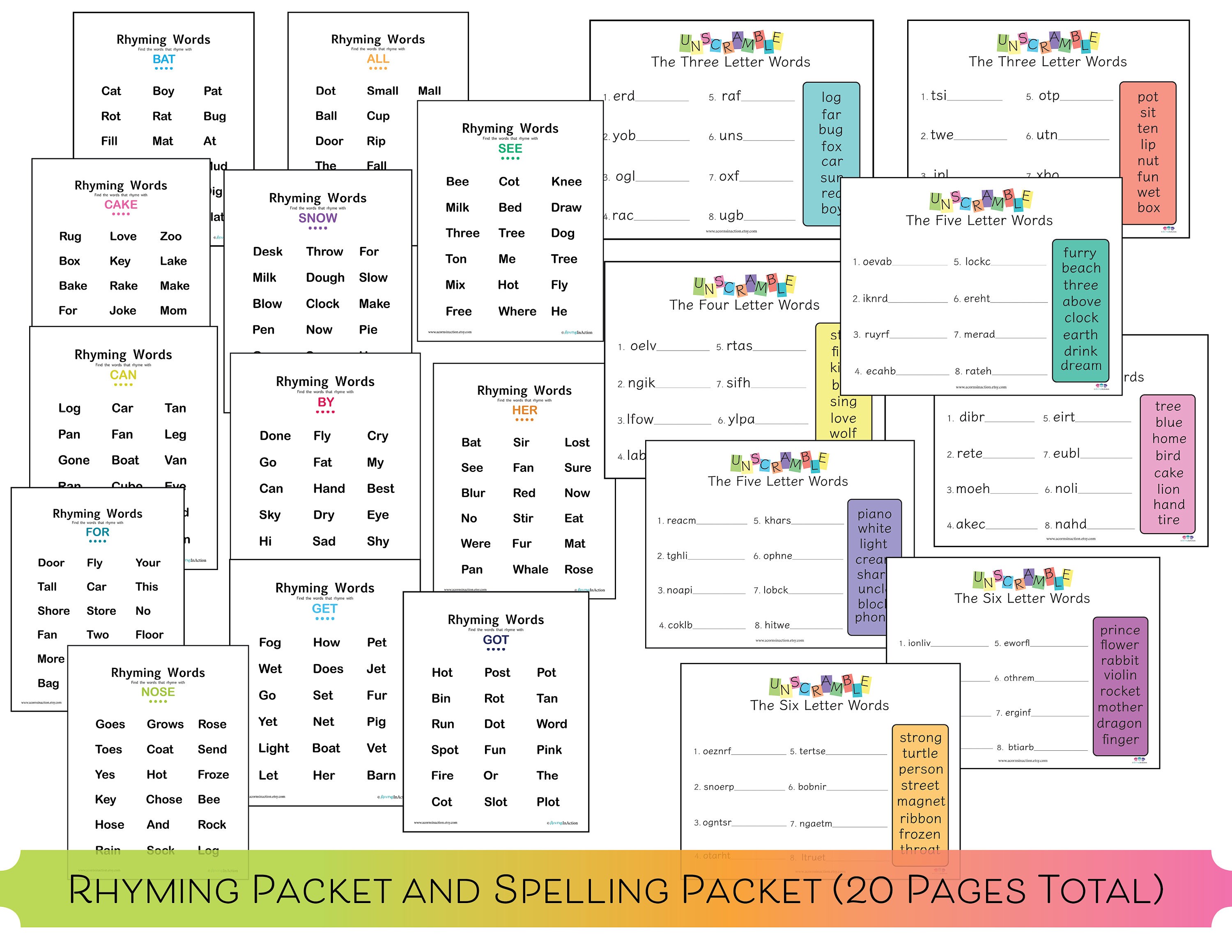 rhyming worksheets printable spelling word printable etsy