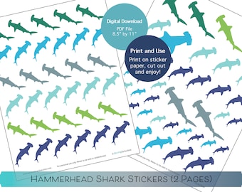Pegatinas imprimibles para niños / Pegatinas de tiburón imprimibles / Pegatinas de tiburón martillo para niños / Pegatinas de tiburón martillo para cumpleaños