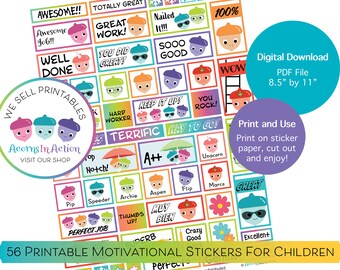 Pegatinas infantiles descargables / Pegatinas imprimibles motivacionales / Pegatinas imprimibles de bellotas para niños / Pegatinas motivacionales infantiles