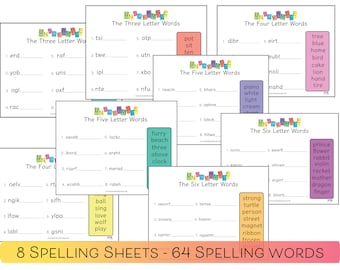 Hojas de ejercicios de ortografía / Hojas de ejercicios de palabras desordenadas / Hojas de ejercicios de lectura / Práctica de caligrafía / Hoja de ejercicios de escritura / Materiales educativos imprimibles