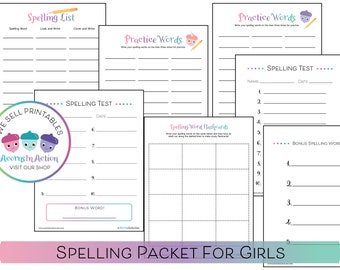 Plantilla de prueba de ortografía / Plantilla de lista de ortografía / Paquete de ortografía para niñas / Práctica de ortografía / Prueba de ortografía / Tarjetas de ortografía