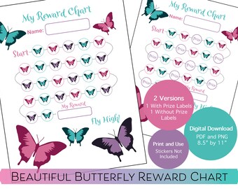 Tabla de recompensas de mariposa para niñas / Tabla de comportamiento de mariposa / Tabla de incentivos / Tabla de comportamiento para niñas / Tabla de control de esfínteres de mariposa para niñas