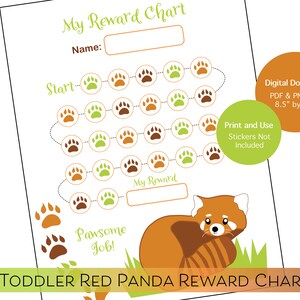 May include: A printable reward chart for toddlers featuring a red panda illustration. The chart includes spaces for the child's name and reward, with paw print icons to track progress. The text reads "My Reward Chart", "Pawsome Job!", and "1 Toddler Red Panda Reward Chart".