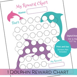 May include: A printable reward chart featuring a dolphin theme. The chart includes spaces for tracking progress, with a pink, teal, and purple color scheme. The text includes "My Reward Chart", "Start", "Name", and "My Reward". The chart is 8.5" by 11".