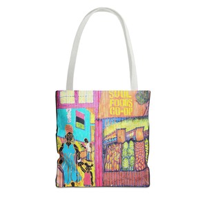 Soul Food Co-Op Tote Bag, Vibrant Art Tote, Cultural Shopping Bag, Eco-Friendly Gift, Market Carryall, Boho Style Bag