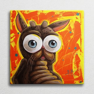 Wow! (Unique original painting, canvas, imaginary creature, big bulging blue eyes, surprise, colorful, fun, funny, cute, orange)