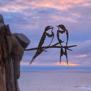 Swallows Couple Pair on a Twig Spike Metal Bird Silhouette Patina Rusty Metal Garden Art Ornament Mild Steel - Free Shipping