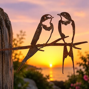 Swallows Metal Garden Ornament | Rustic Bird Couple Silhouette | Outdoor Garden Decor