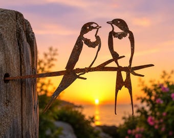 Swallows Metal Garden Ornament | Rustic Bird Couple Silhouette | Outdoor Garden Decor