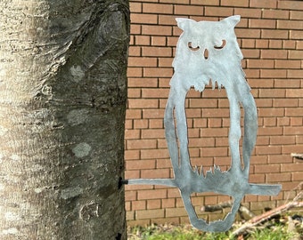 Long Eared Owl on a Twig Spike Metal Bird Silhouette Patina Rusty Metal Garden Art Ornament Mild Steel - Free Shipping