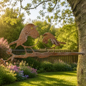 May include: A weathered metal sculpture of two birds on a branch, attached to a tree. The birds have a rusty brown finish, set against a backdrop of a sunny garden with green trees and colourful flowers.