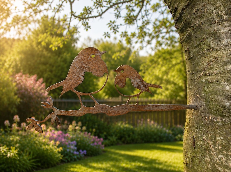 May include: A weathered metal sculpture of two birds on a branch, attached to a tree. The birds have a rusty brown finish, set against a backdrop of a sunny garden with green trees and colourful flowers.