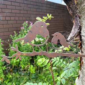 Robin and Baby Chick on a Twig Spike Metal Bird Silhouette Patina Rusty Metal Garden Art Ornament Mild Steel - Free Shipping