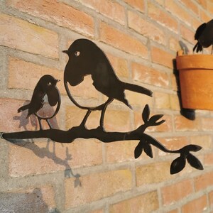 Robin baby chick metal bird on a twig garden art wall