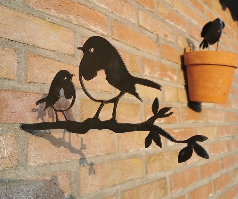 Robin baby chick metal bird on a twig garden art wall