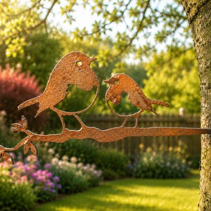 May include: A weathered metal sculpture of two birds on a branch, mounted on a tree. The birds are facing each other, with a garden in the background. This rustic piece is designed for outdoor use, adding a touch of nature.