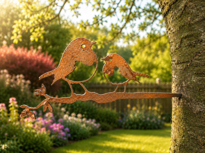 May include: A weathered metal sculpture of two birds on a branch, mounted on a tree. The birds are facing each other, with a garden in the background. This rustic piece is designed for outdoor use, adding a touch of nature.