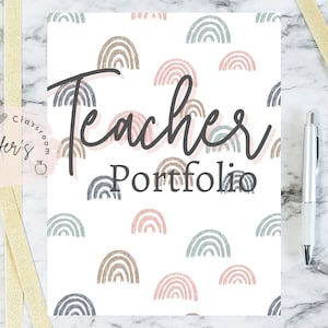 May include: A white portfolio featuring a pattern of pastel rainbows. The words "Teacher Portfolio" are written in a stylish font. A pen and decorative gold ribbons are on the side.