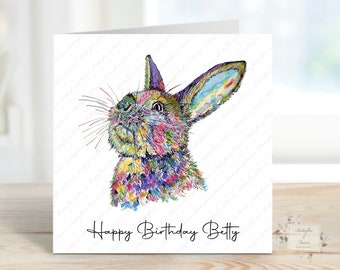 Personalised Rabbit Birthday Card: Watercolour Bunny, Handmade Card