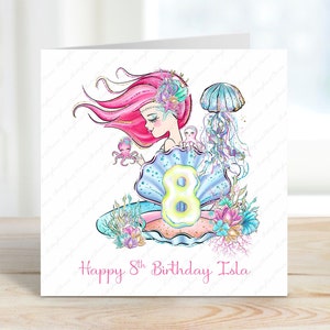 8th Birthday Card, Personalised Age 8 Card, 8th Birthday Card for a Girl, 8th Birthday Card, Personalised Birthday Card, Eighth, Mermaid