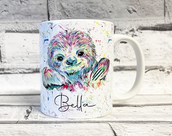Personalised Watercolour Sloth Mug, Coaster or Set of both
