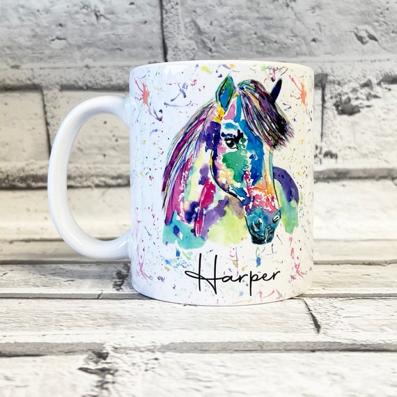Personalised Rainbow Horse Mug: Ceramic Coffee Cup, Horse Lover Gift