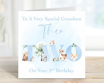 Personalised 2nd Birthday Card: Blue Woodland Animals