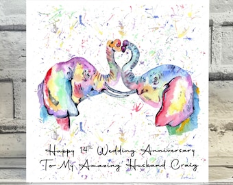 Personalized 14th Anniversary Card: Watercolor Elephants