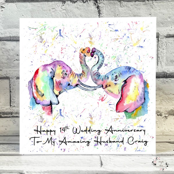 14th Wedding Anniversary Card, Anniversary Card, Anniversary Card for Wife, Anniversary Card for Husband, Elephants, Personalised Card