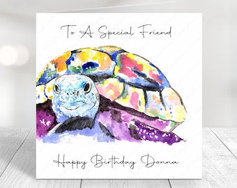 Personalised Tortoise Birthday Card: Watercolour Rainbow Design